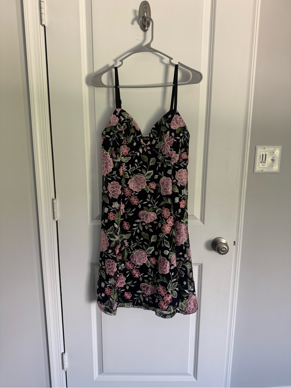 Guess Black Floral Spaghetti Strap Dress with Pink Roses with gold bar detail